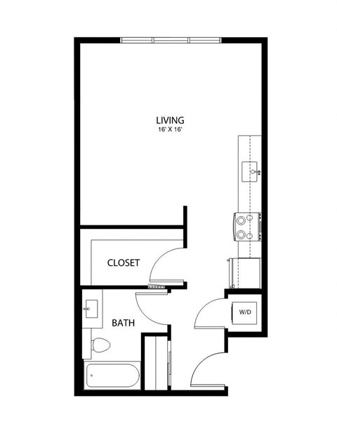 Floor plan for studio, 1 bath, 513 sqft